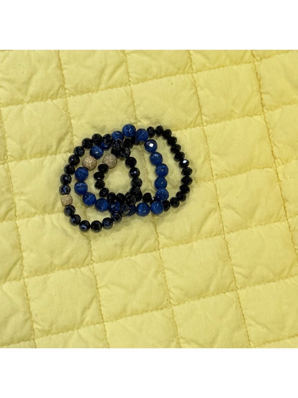 Faceted Black & Blue Beaded Stretch Bracelets With Gold Accent - Set Of 3